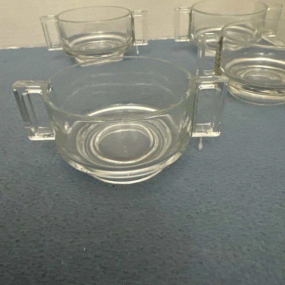 MCM Joe Colombo Arno Clear Glass Double Handled Soup Bowls from Italy - Set of 4